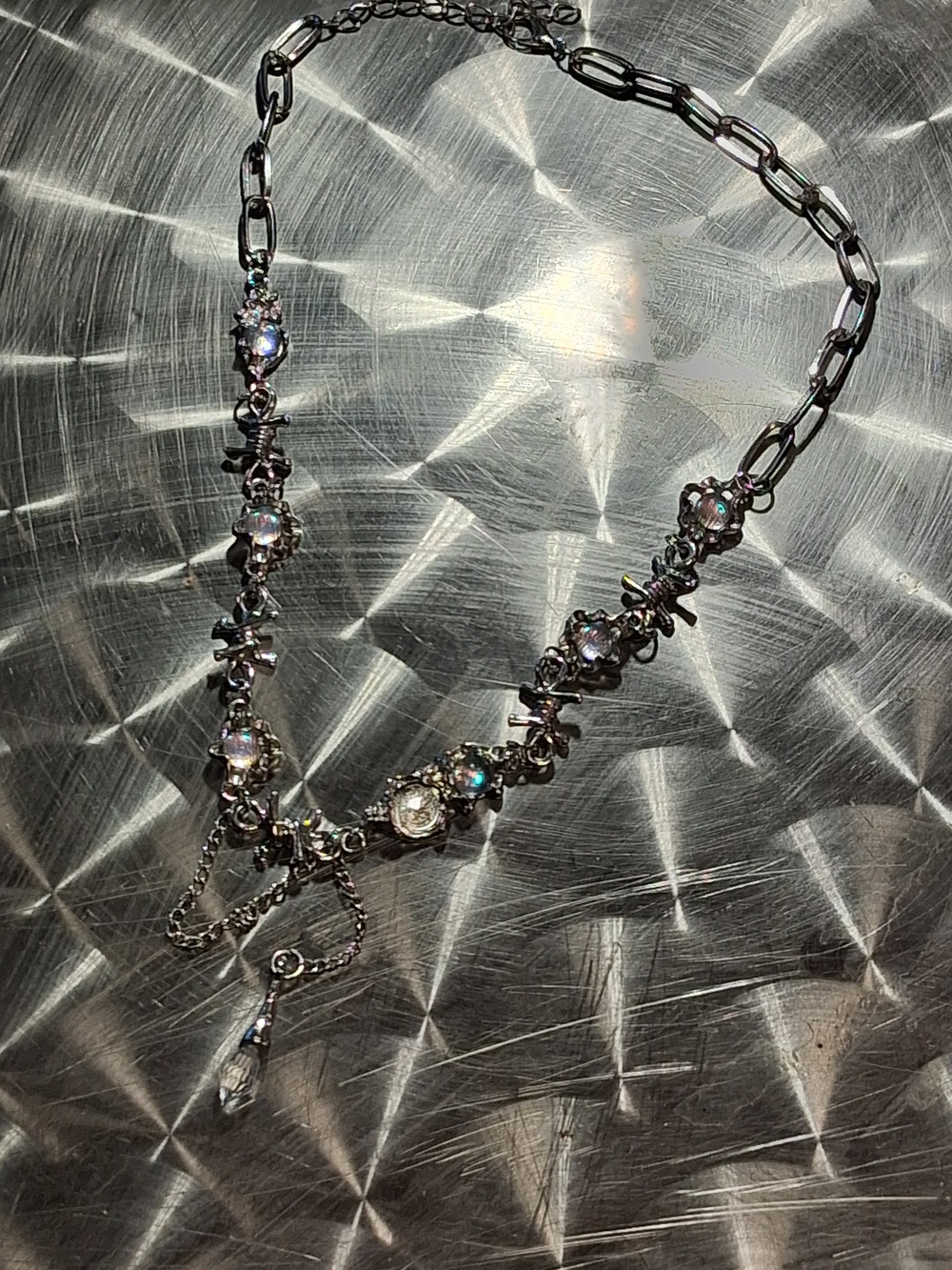 Silver Floral Crystal Necklace with Iridescent Accents